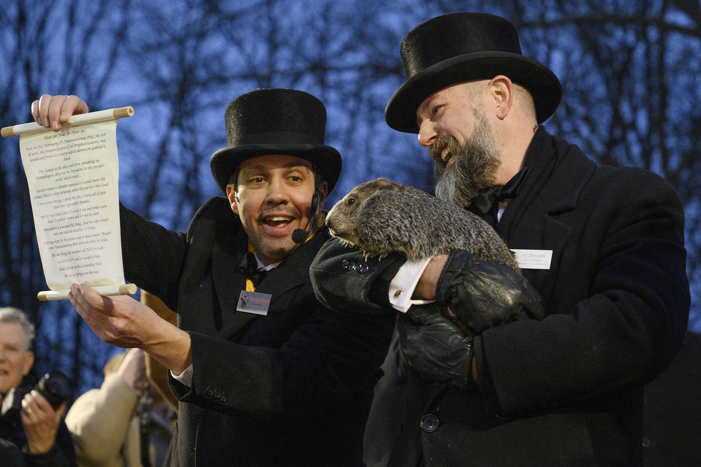 Punxsutawney Phil sees his shadow, handlers say, predicting 6 more weeks of wintry weather