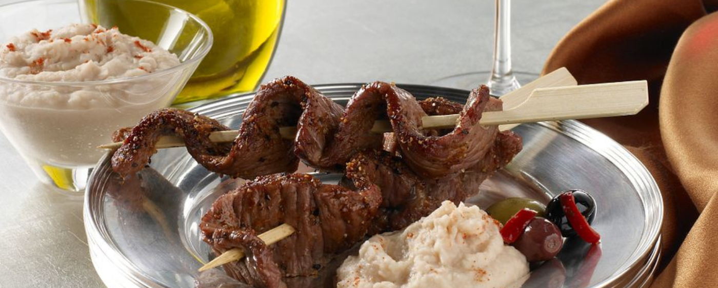 Beef Skewers with Garlicky White Bean Dip